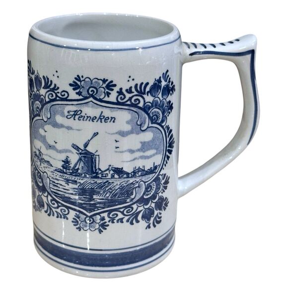 Vtg. Delft Cobalt Blue & White Heineken Beer Stein – Windmill & Sailboat Scene - Picture 6 of 12